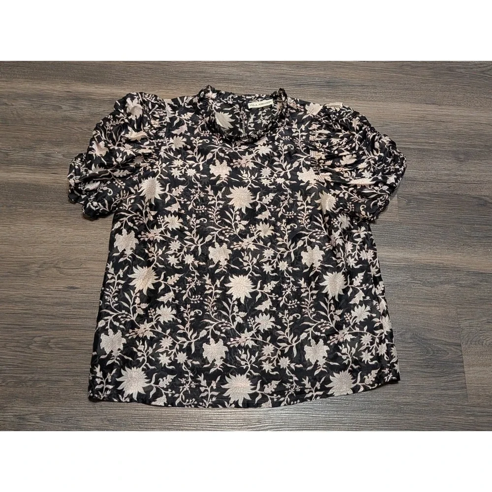 Ulla Johnson Black Floral Silk Cotton Puff Short Sleeve Mock Neck Top Size 4